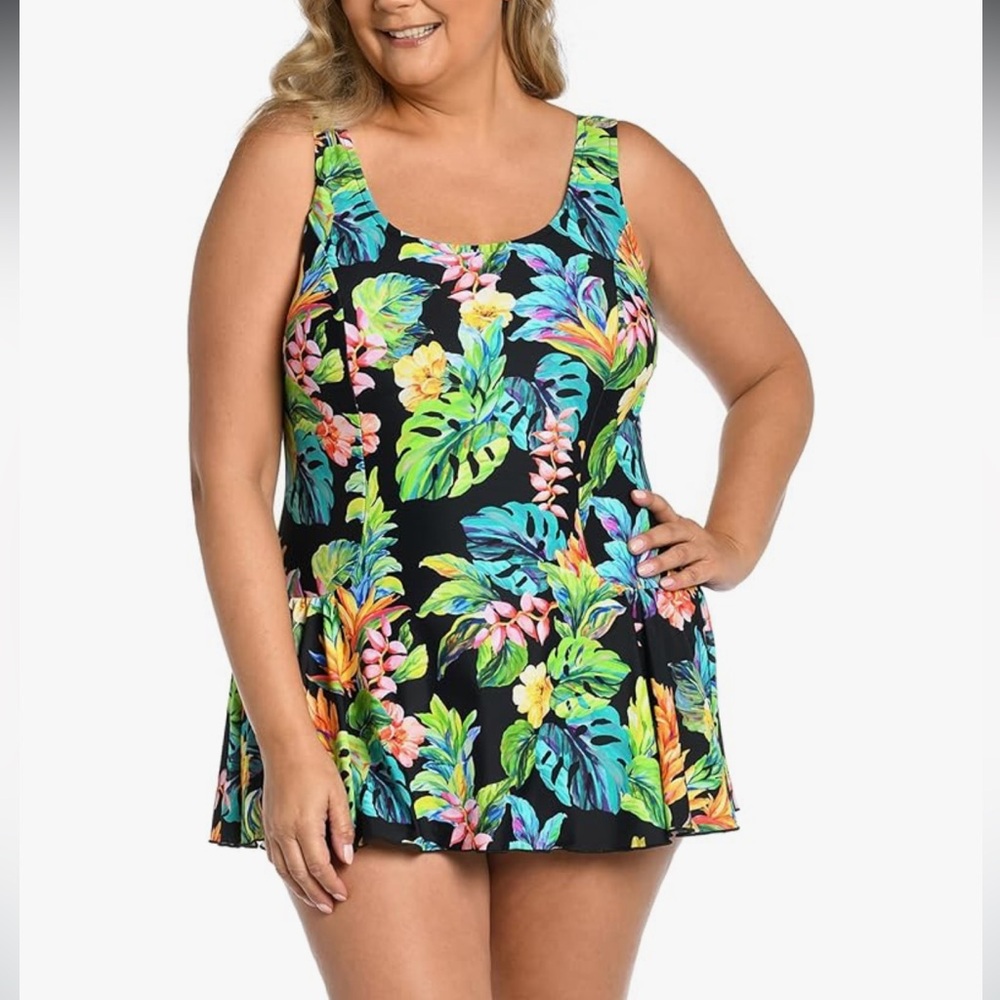 NWT- Maxine of Hollywood Princess Seam Tropical Swim Dress One Piece Swimsuit